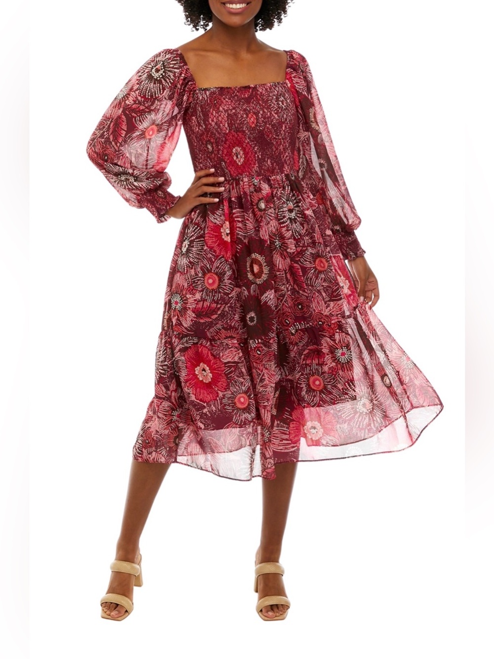 Vince Camuto Floral Smocked Square Neck Long Lantern Sleeve Midi Dress Sz 2